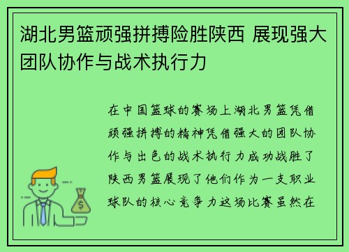 湖北男篮顽强拼搏险胜陕西 展现强大团队协作与战术执行力