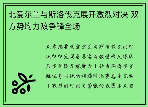 北爱尔兰与斯洛伐克展开激烈对决 双方势均力敌争锋全场