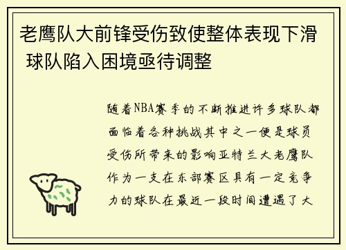 老鹰队大前锋受伤致使整体表现下滑 球队陷入困境亟待调整