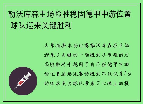 勒沃库森主场险胜稳固德甲中游位置 球队迎来关键胜利