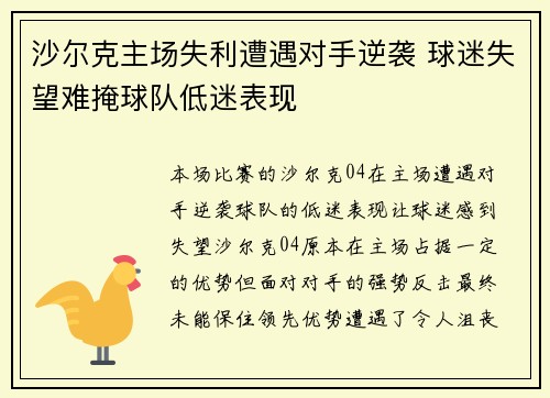 沙尔克主场失利遭遇对手逆袭 球迷失望难掩球队低迷表现
