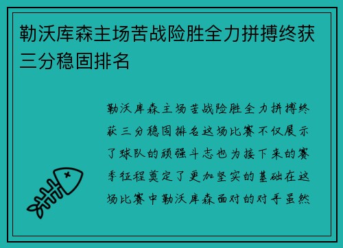 勒沃库森主场苦战险胜全力拼搏终获三分稳固排名