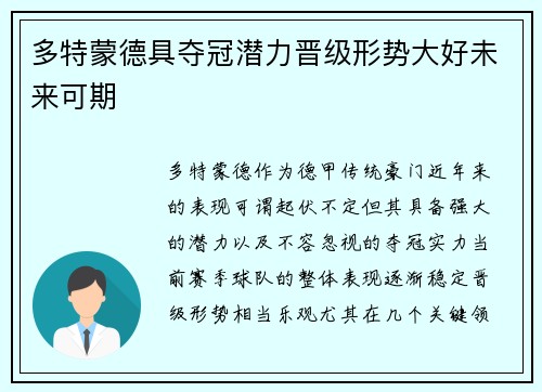 多特蒙德具夺冠潜力晋级形势大好未来可期