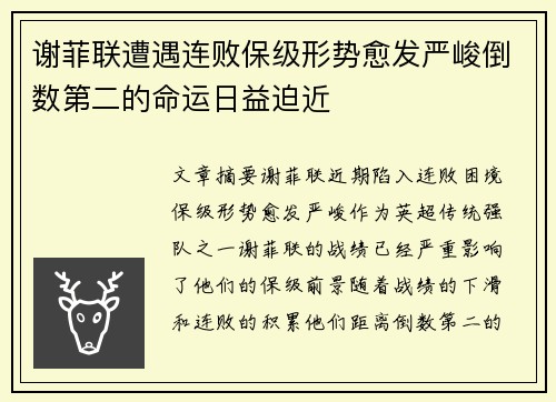 谢菲联遭遇连败保级形势愈发严峻倒数第二的命运日益迫近